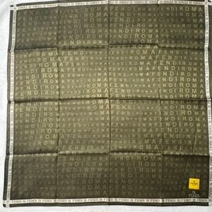 Vtg FENDI Scarf Handkerchief Monogram Olive Green Brown 19.5"